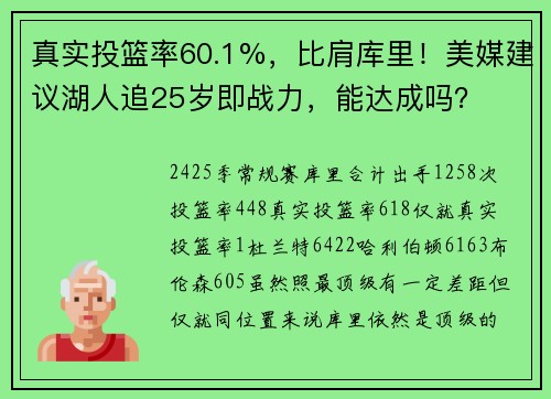真实投篮率60.1%，比肩库里！美媒建议湖人追25岁即战力，能达成吗？